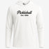 White hoodie with 'Pickleball Est. 1965' text on a white background